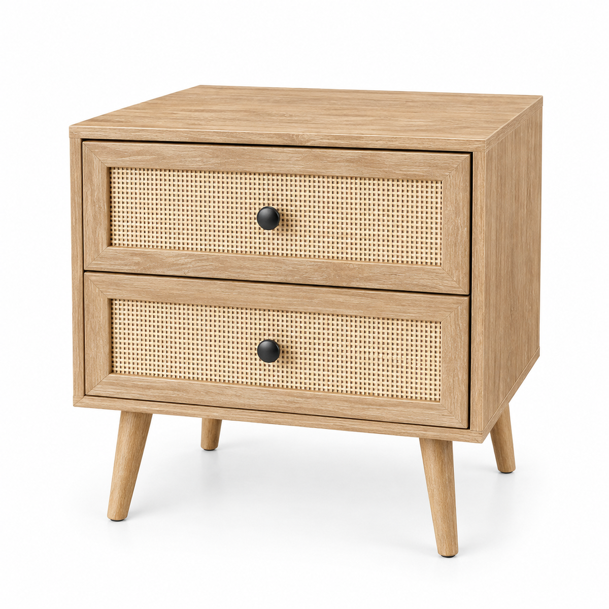 Side Table - Natural Oak Cane Nightstand with Drawers