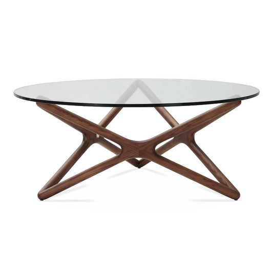 Round Star Coffee Table w/ Walnut Base & Glass Top.