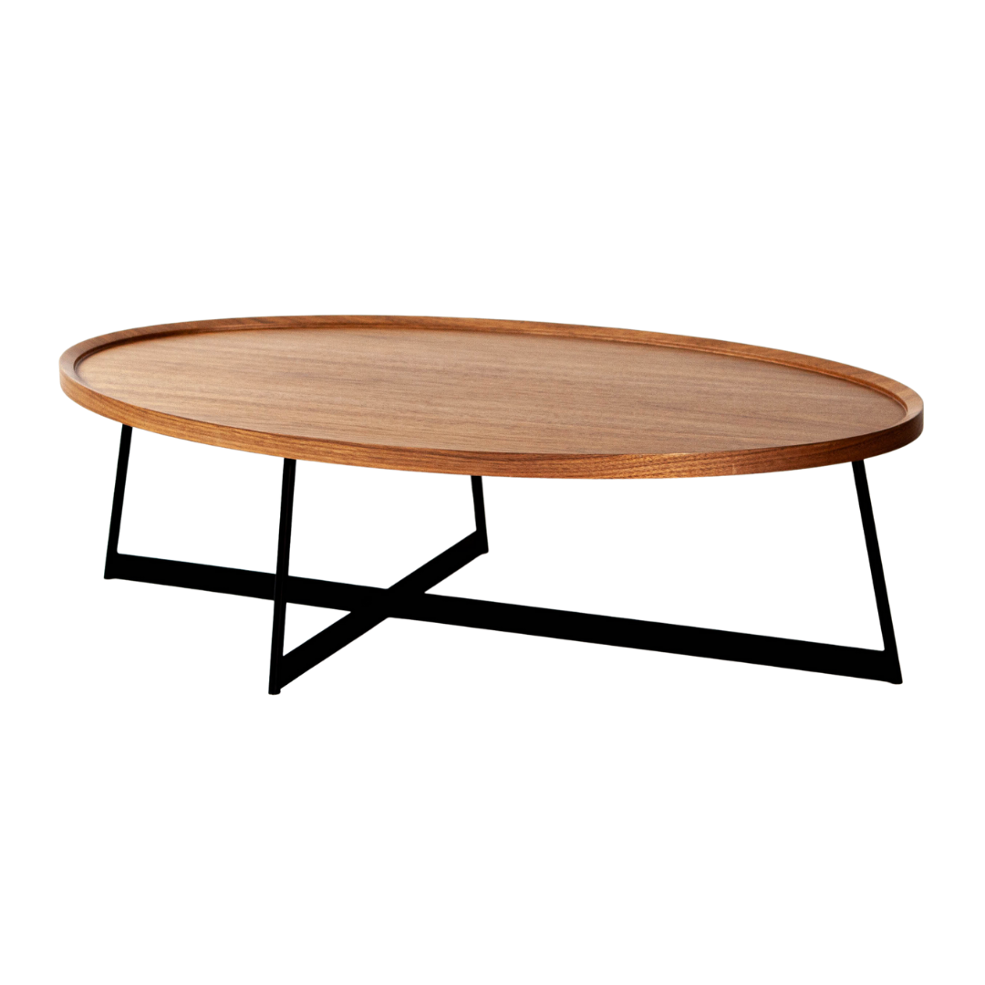 Oval Walnut Coffee Table w/ Black Base