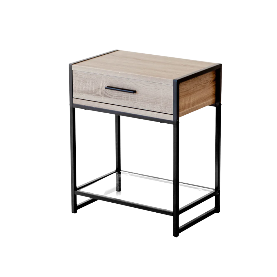 Nightstand - Taupe Wood w/ Black Frame & Glass Shelf