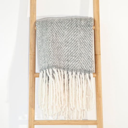 Light Blue Wool Herringbone Long Cream Tassles