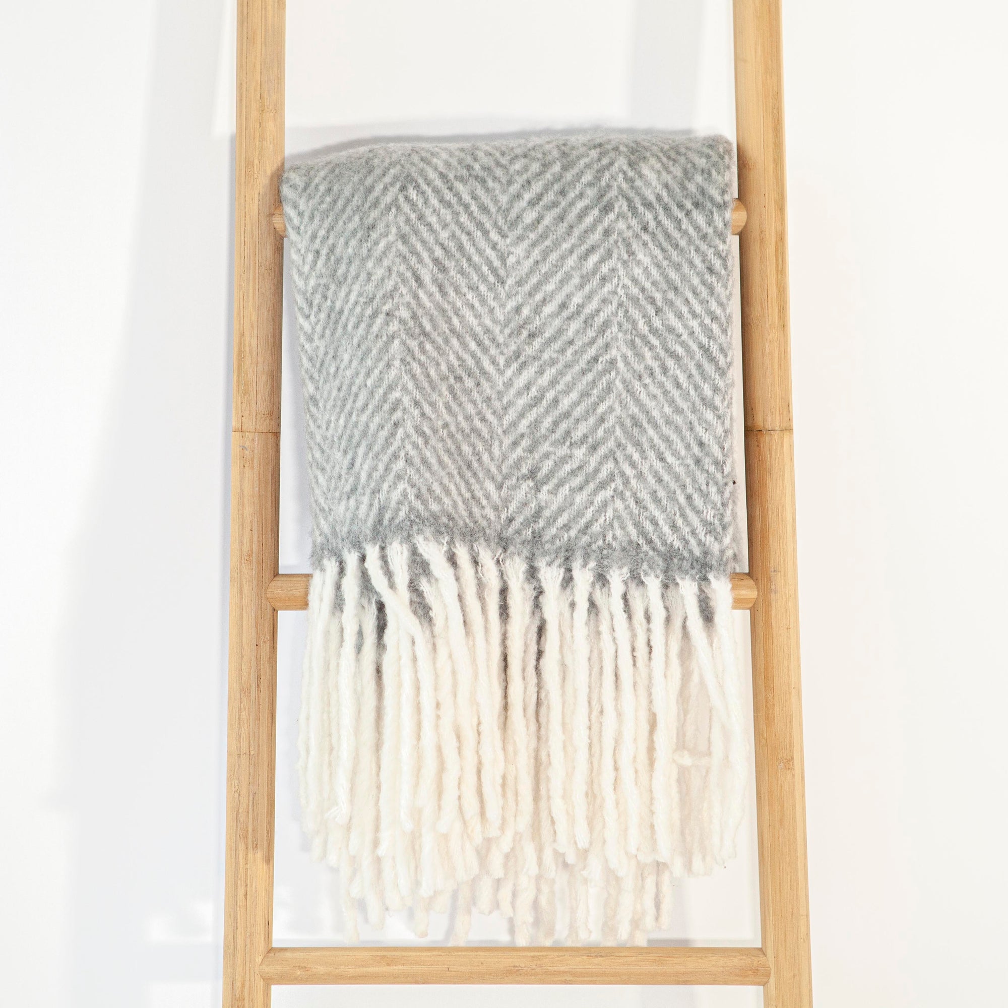 Light Blue Wool Herringbone Long Cream Tassles