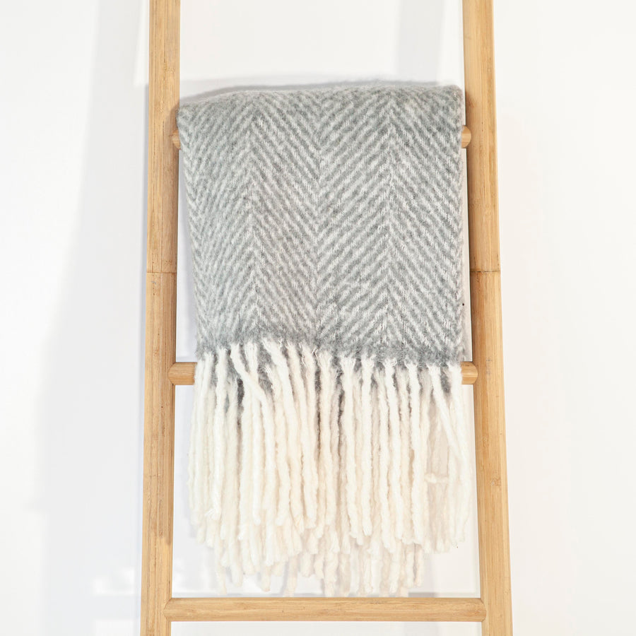 Light Blue Wool Herringbone Long Cream Tassles