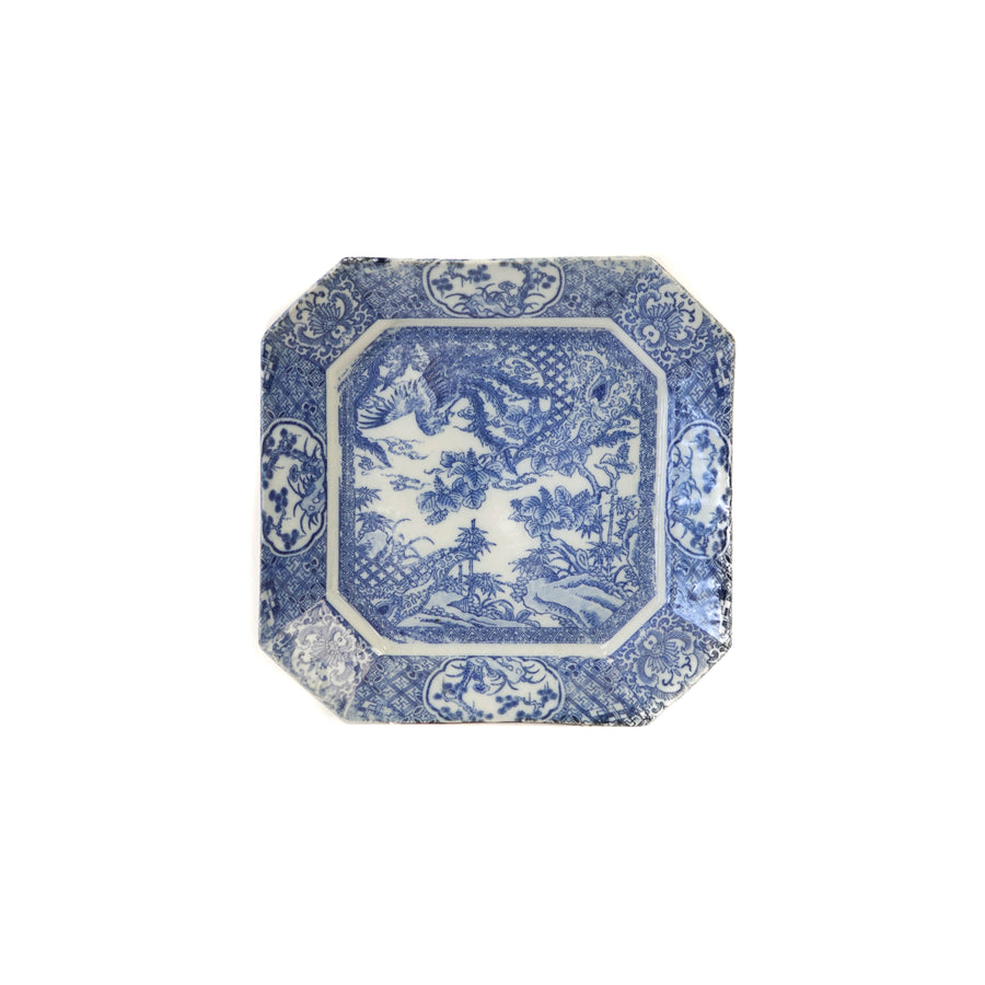 Plate - Medium Square Blue w/ Floral Pattern