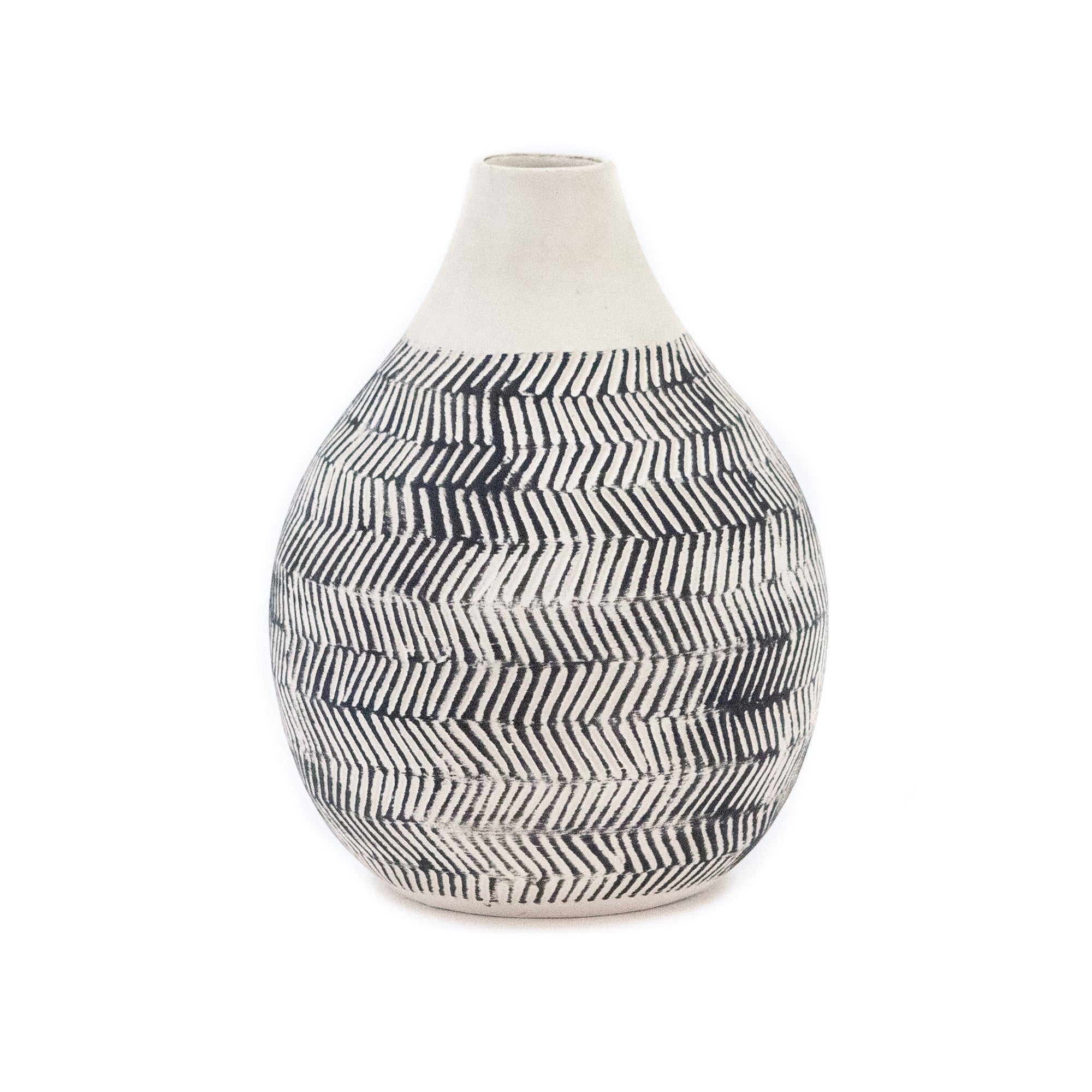 Matte White and Black Vase w/ Scratch Pattern