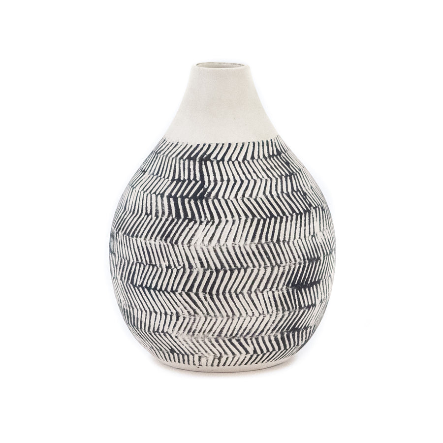 Matte White and Black Vase w/ Scratch Pattern
