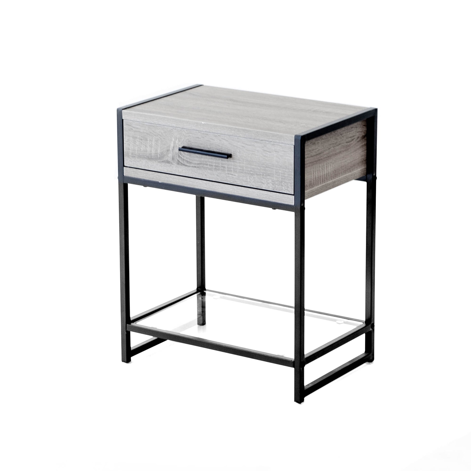 Nightstand -  Grey Wash Wood w/ Black Frame & Glass Shelf