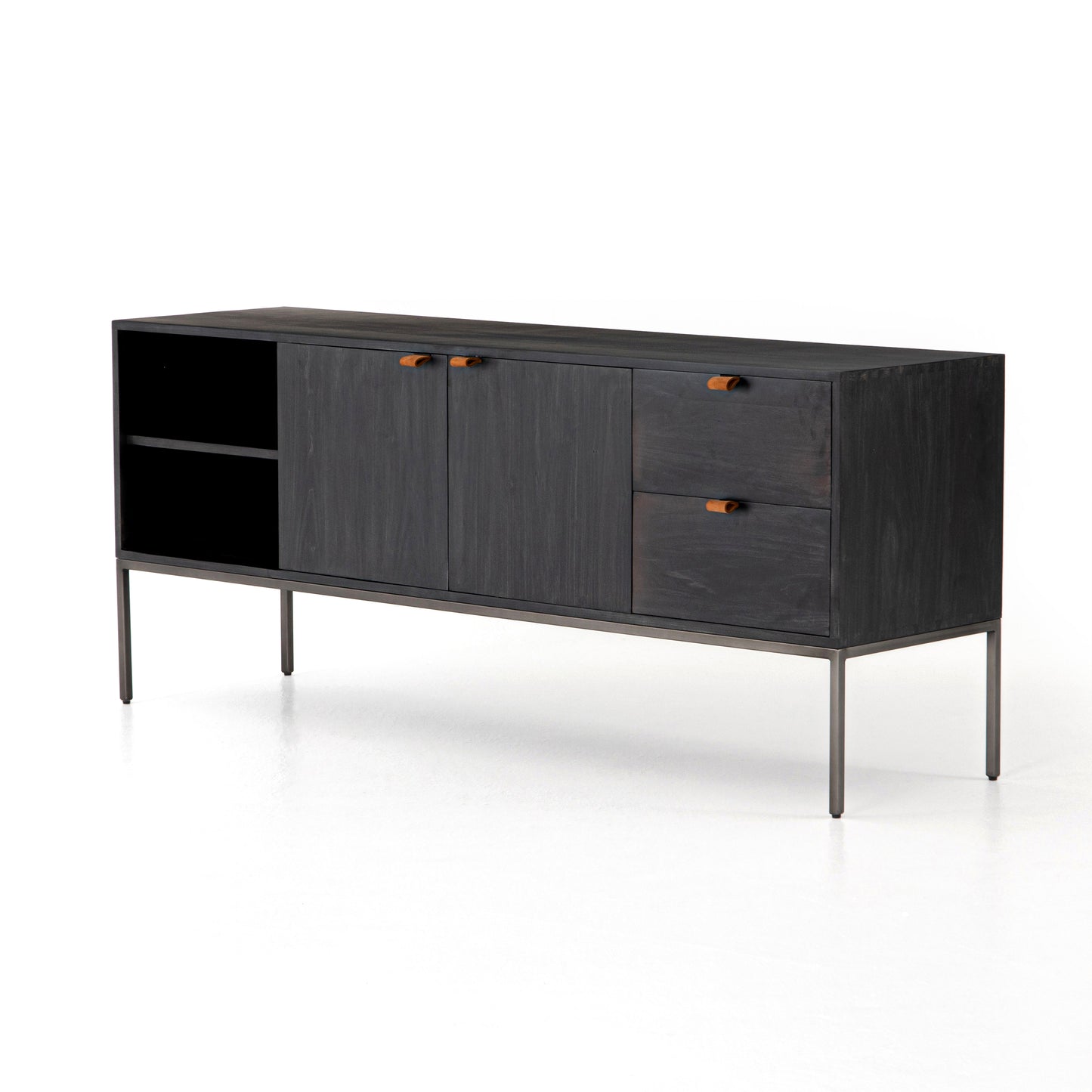 Credenza -Trey Black Wood Leather Handle - 69"