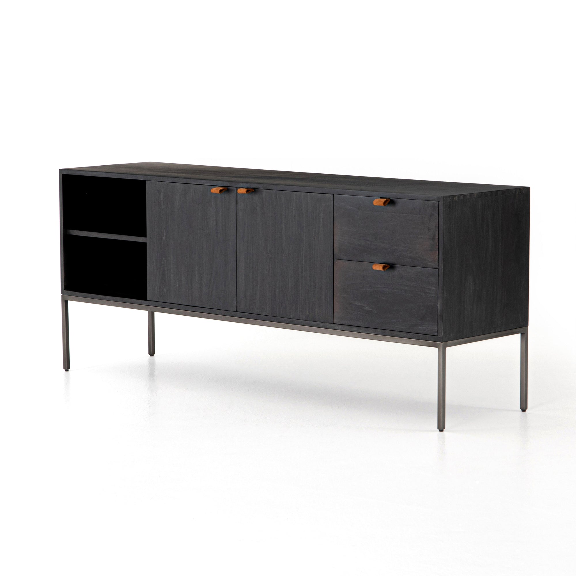 Credenza -Trey Black Wood Leather Handle - 69"