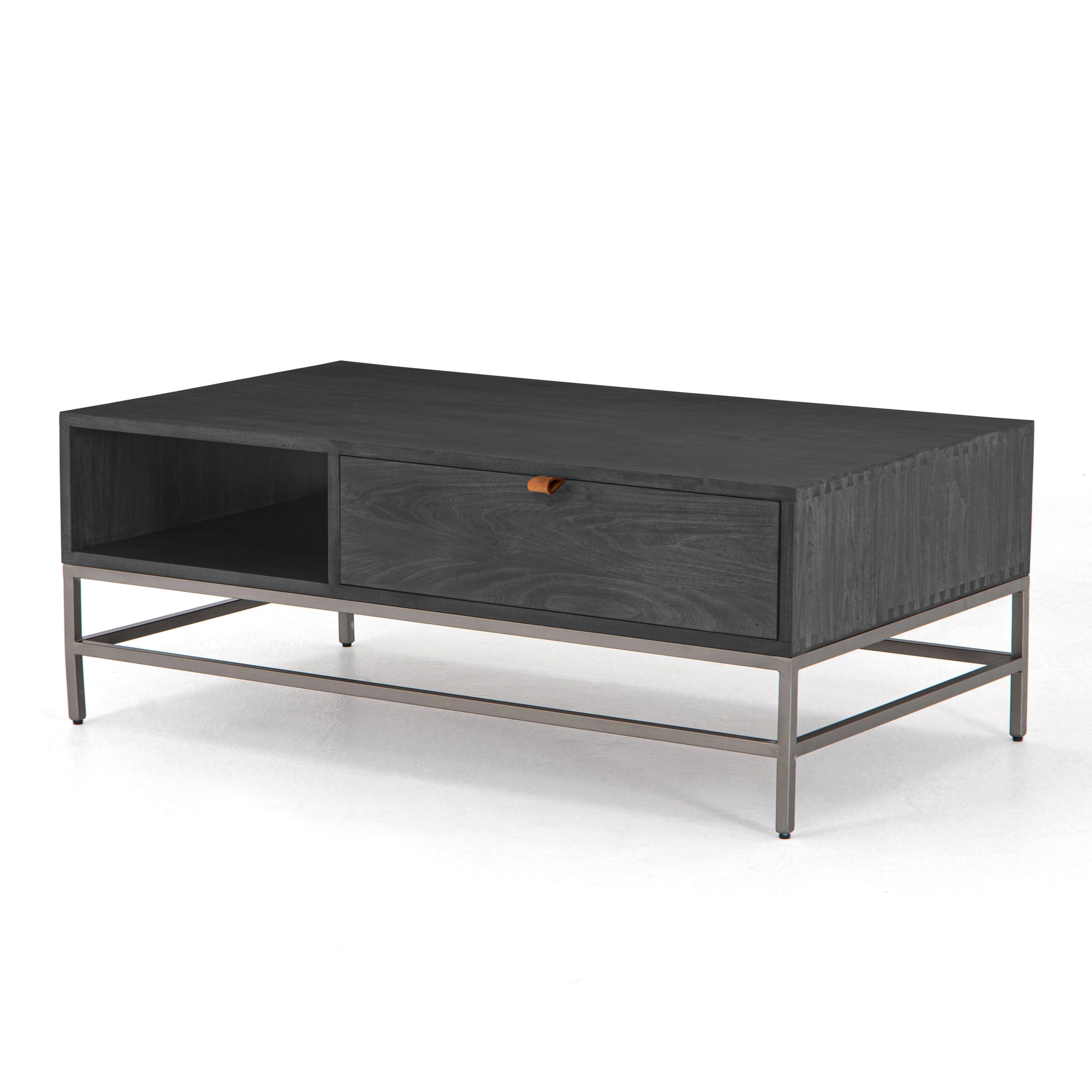 Trey Black Coffee Table w/ Wood & Leather Handle