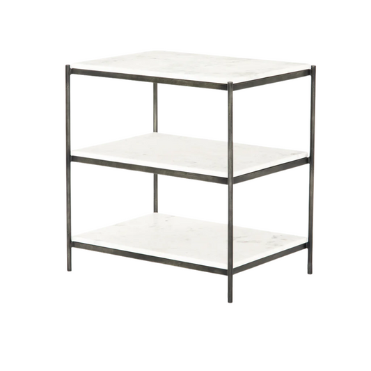 Nightstand -  Felix 3 Tier White Marble & Black Steel