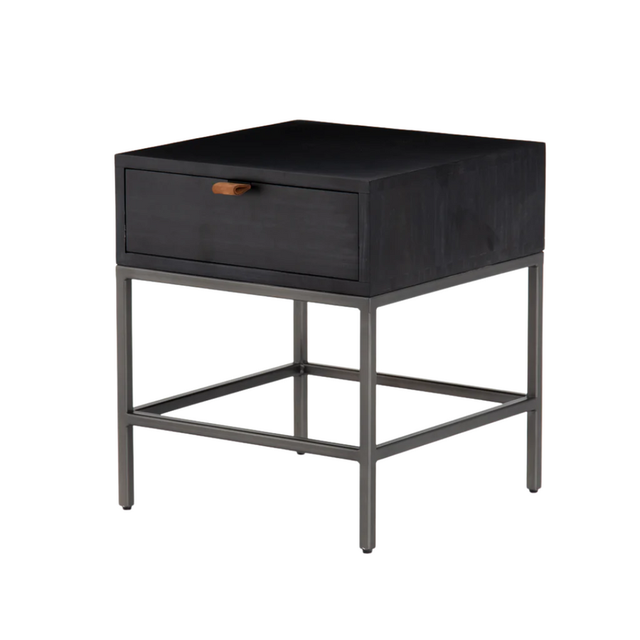 Nightstand - Trey Black Wash w/ Leather Handle