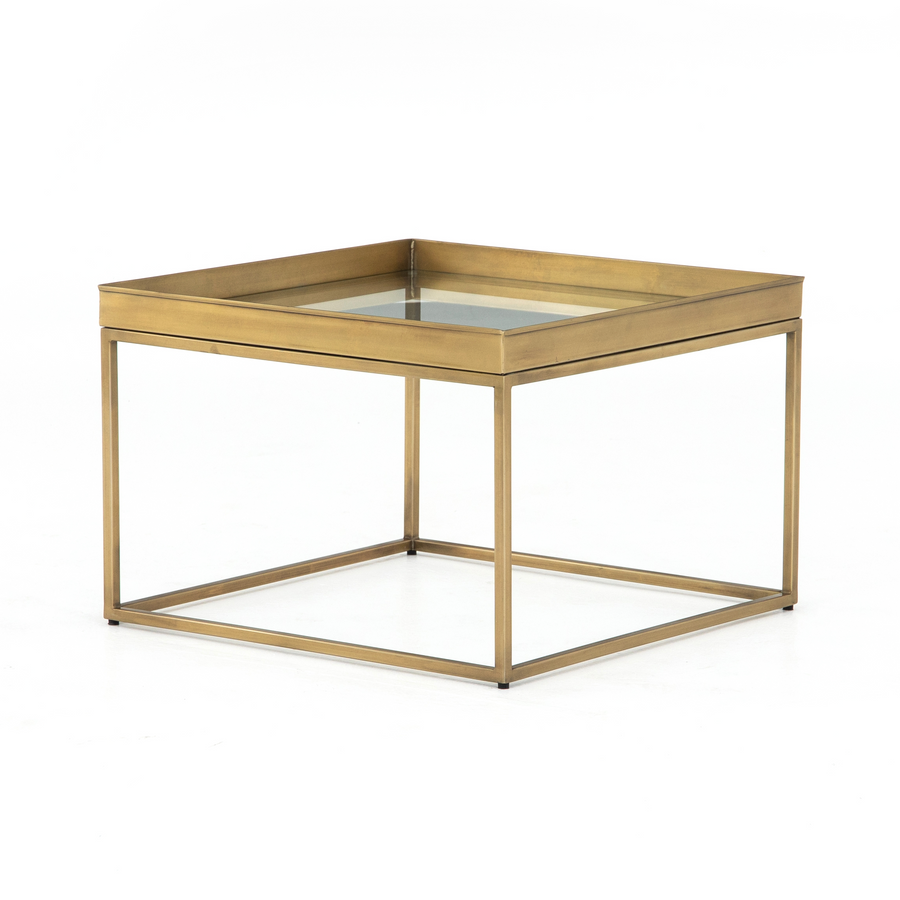Kline Square Coffee Table w/ Antique Brass & Glass Top