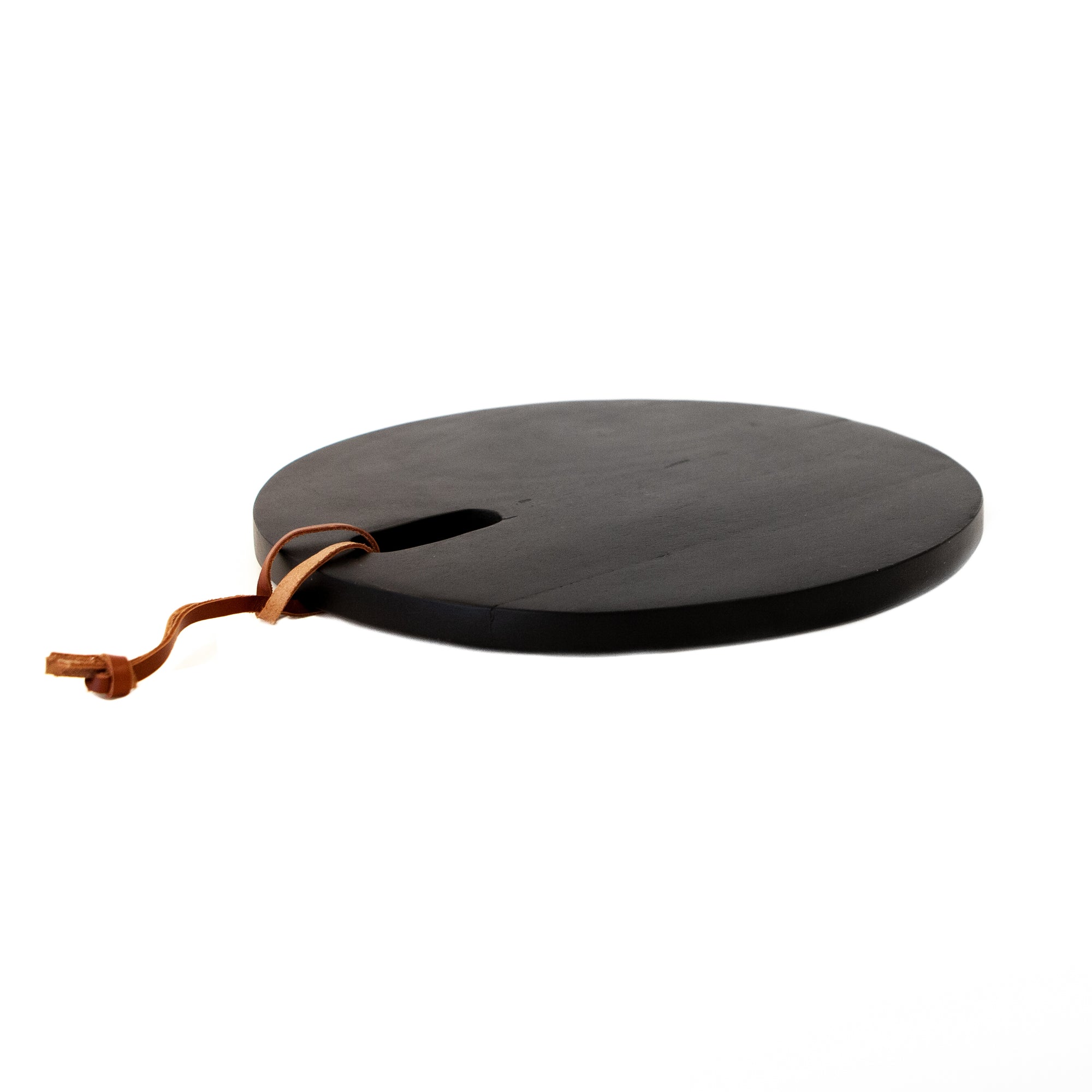 Black Acacia Wood Round w/ Leather Strap 12"