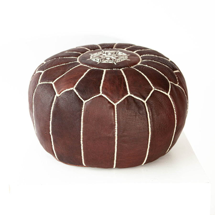 Pouf - Crando Brown Leather Cream Stitching