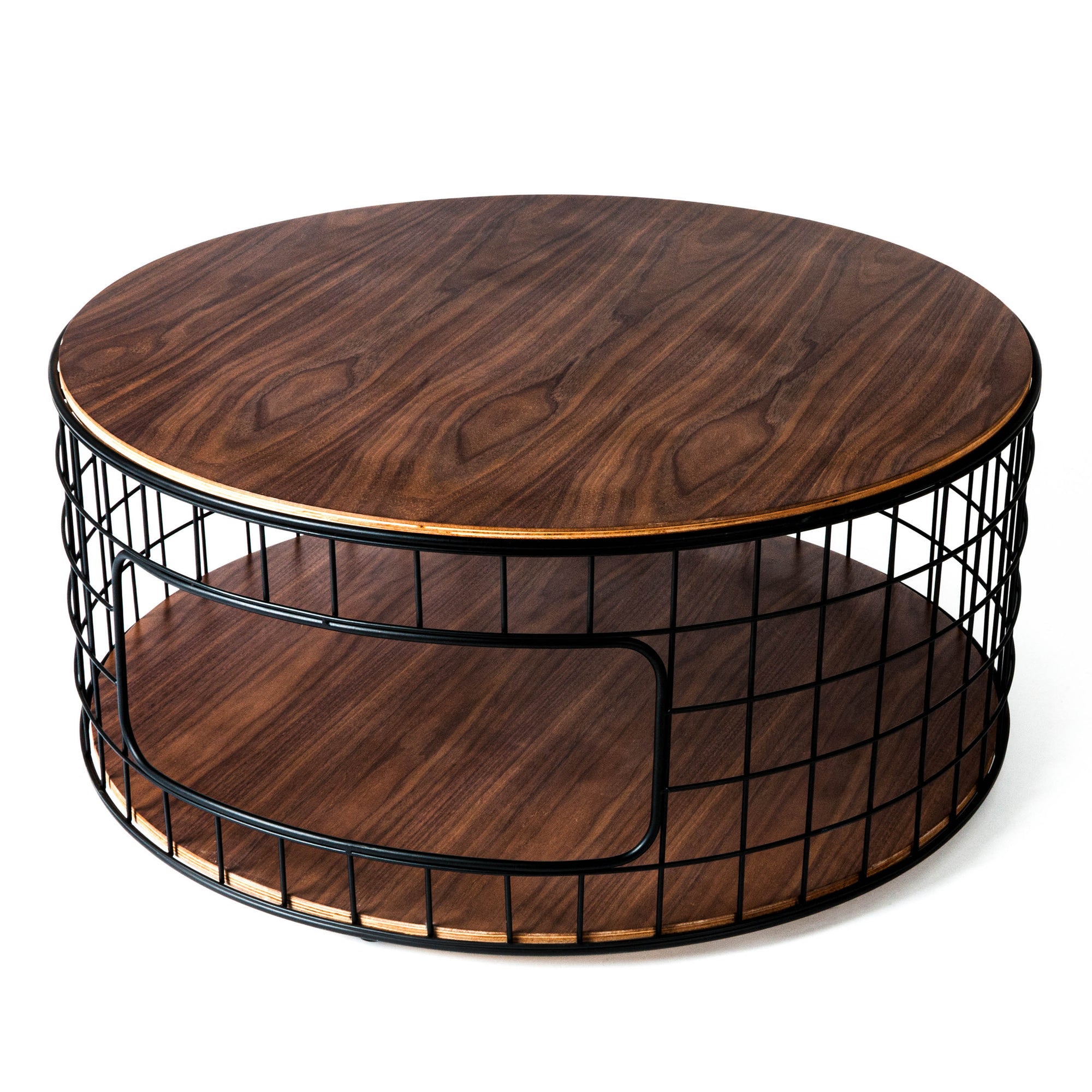 Round Black Coffee Table w/ Wireframe Walnut Top
