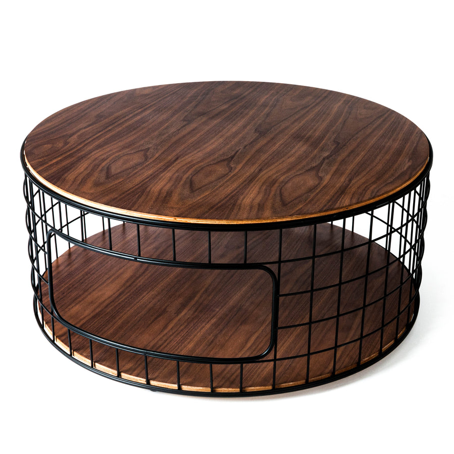 Round Black Coffee Table w/ Wireframe Walnut Top