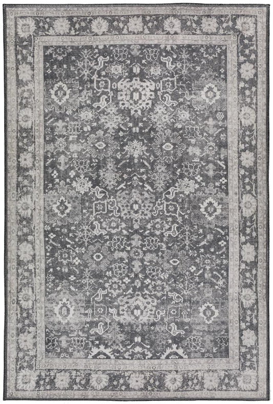 Vintage Flower Pattern Rug in Dark and Light Grey