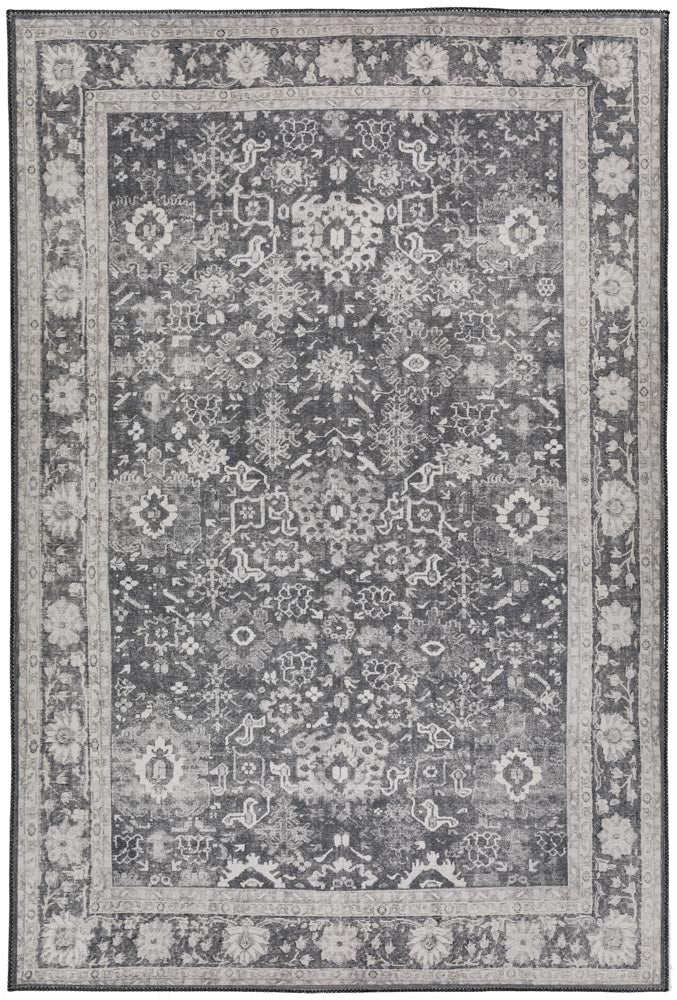 Vintage Flower Pattern Rug in Dark and Light Grey